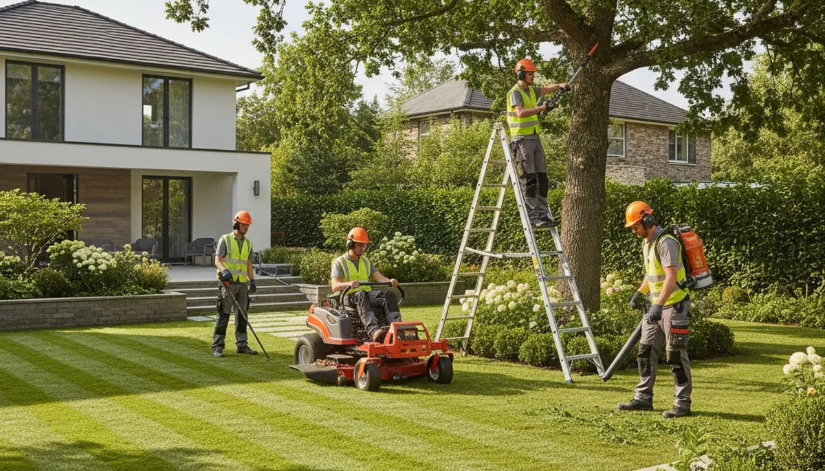 Troy, MI tree service crew shaping planting beds for landscaping and curb appeal
