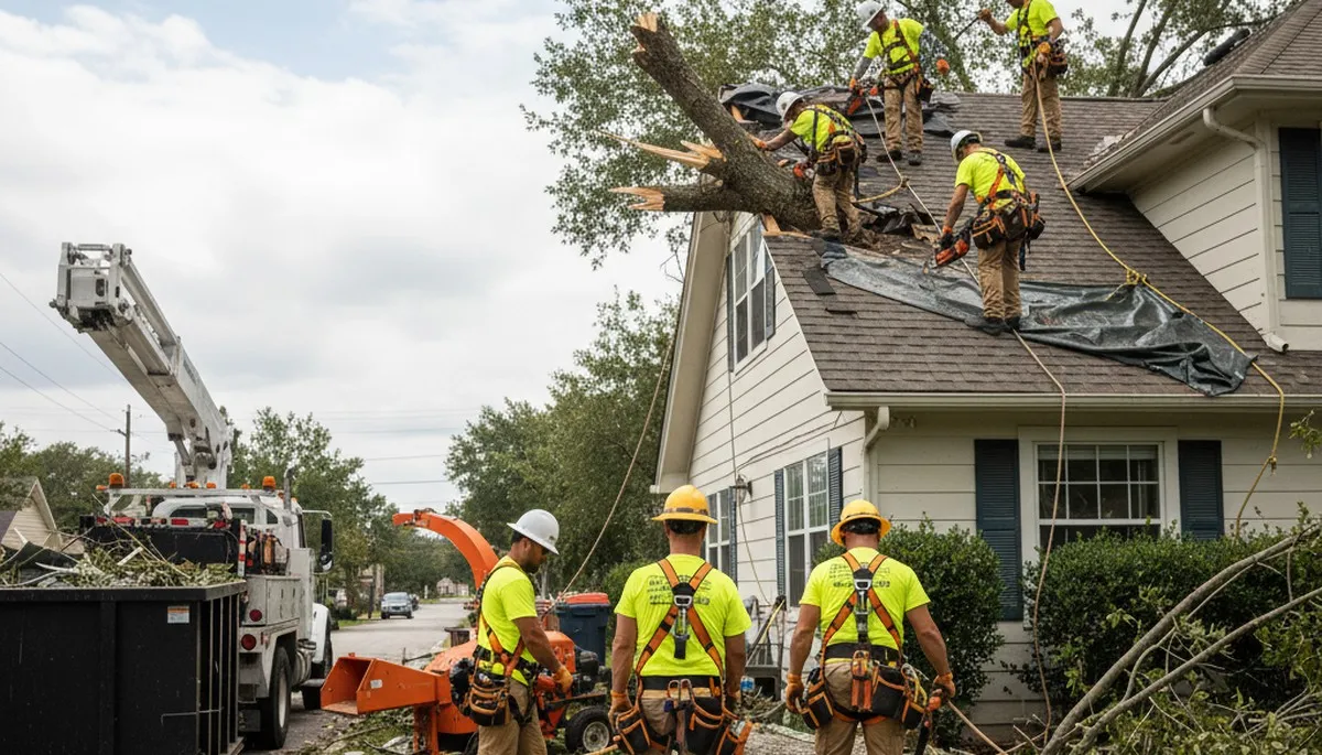 Storm damage cleanup crew removing fallen tree debris in Troy, MI