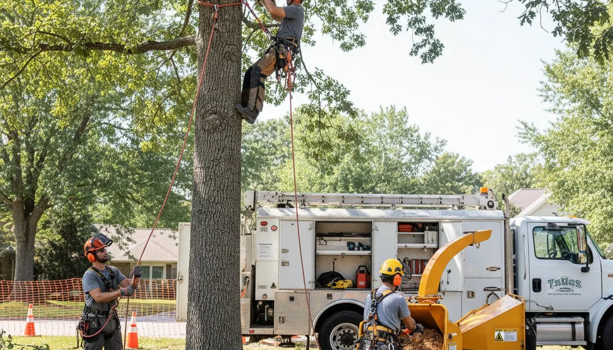 Tree removal crew in Troy, MI safely removing a hazardous tree from a residential property