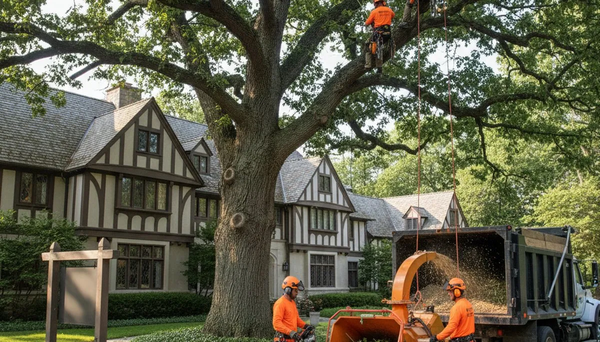 Tree service crew in Troy, MI performing professional tree trimming and removal work